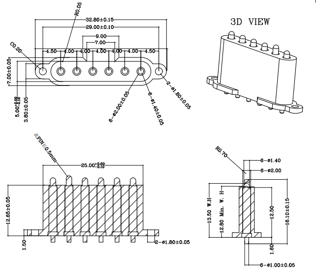 6P  4.0mm pitch pogo pin connector DP201514-6-PB
