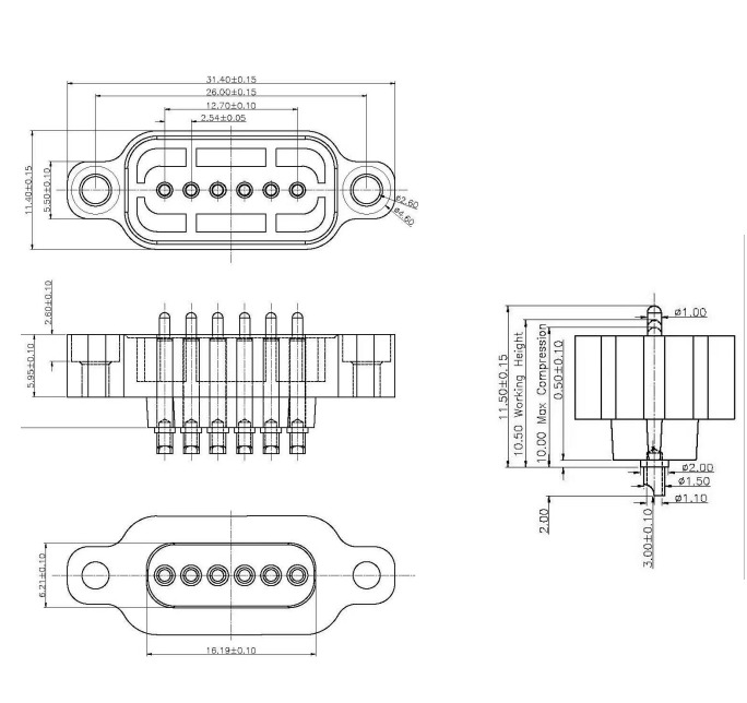 6P 2.54mm pitch solder cup pogo pin connector Height=13.5mm
