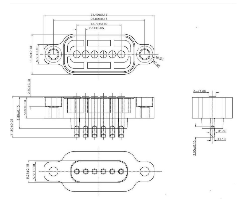 6P 2.54mm pitch solder cup solid pin connector Height=11.6mm